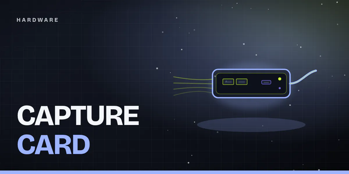 Titelgrafik: stilisierte Capture Card mit HDMI- und USB-Anschlüssen und blauem Leuchtrand auf dunklem Hintergrund
