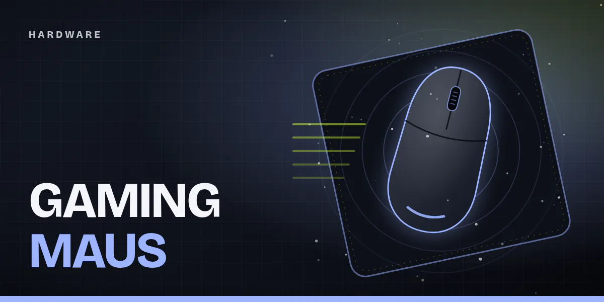 Titelgrafik: stilisierte Gaming-Maus in Draufsicht mit blauem Leuchtrand auf einem Mauspad, umgeben von Kreisen und Bewegungslinien