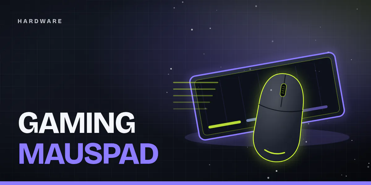 Titelgrafik: stilisiertes Gaming-Mauspad in Schrägansicht mit Maus darauf, Größenstreifen und violettem Leuchtrand auf dunklem Hintergrund