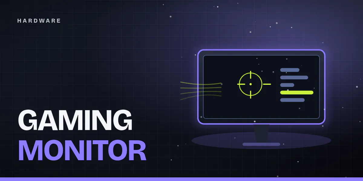 Titelgrafik: stilisierter Gaming-Monitor mit abstrakter UI und Fadenkreuz, violett-blauem Leuchtrand auf dunklem Esports-Hintergrund