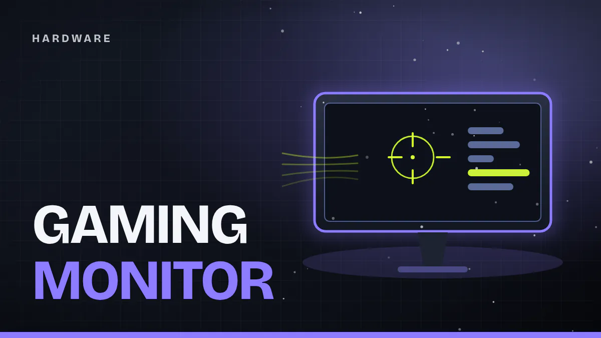 Titelgrafik: stilisierter Gaming-Monitor mit abstrakter UI und Fadenkreuz, violett-blauem Leuchtrand auf dunklem Esports-Hintergrund