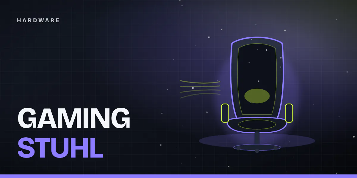 Titelgrafik: stilisierter Gaming-Stuhl mit hoher Rückenlehne und violettem Leuchtrand auf dunklem Hintergrund