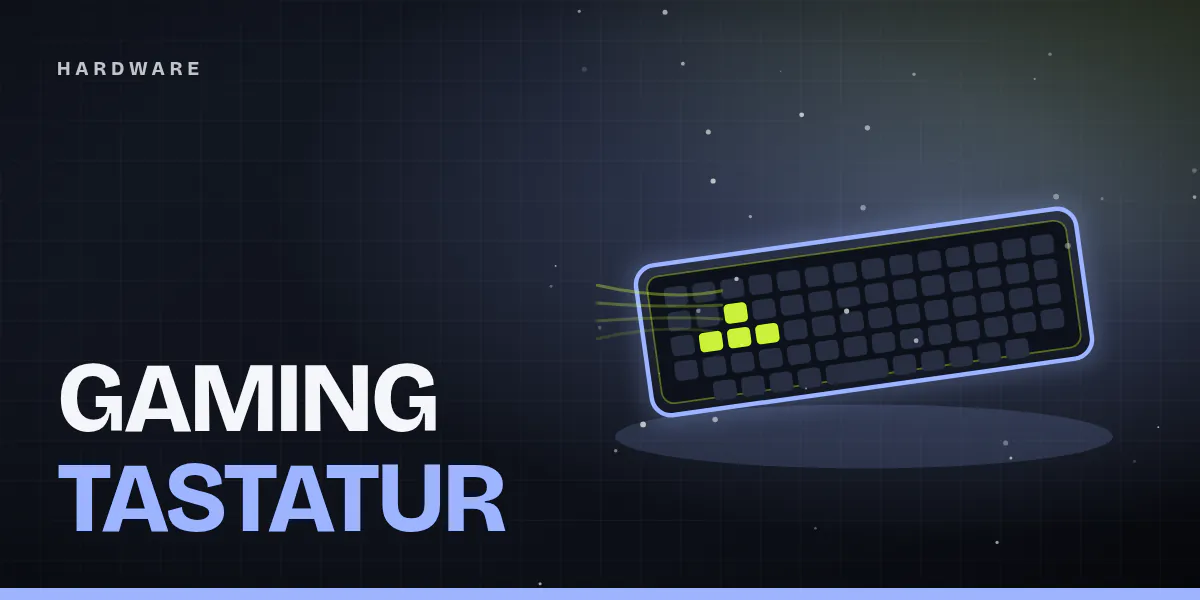 Titelgrafik: stilisierte Tenkeyless-Gaming-Tastatur mit akzentfarbenen Tasten und blauem Leuchtrand auf dunklem Hintergrund