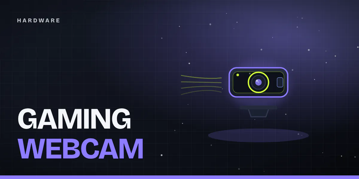 Titelgrafik: stilisierte Webcam auf Monitorhalterung mit violettem Leuchtrand auf dunklem Hintergrund