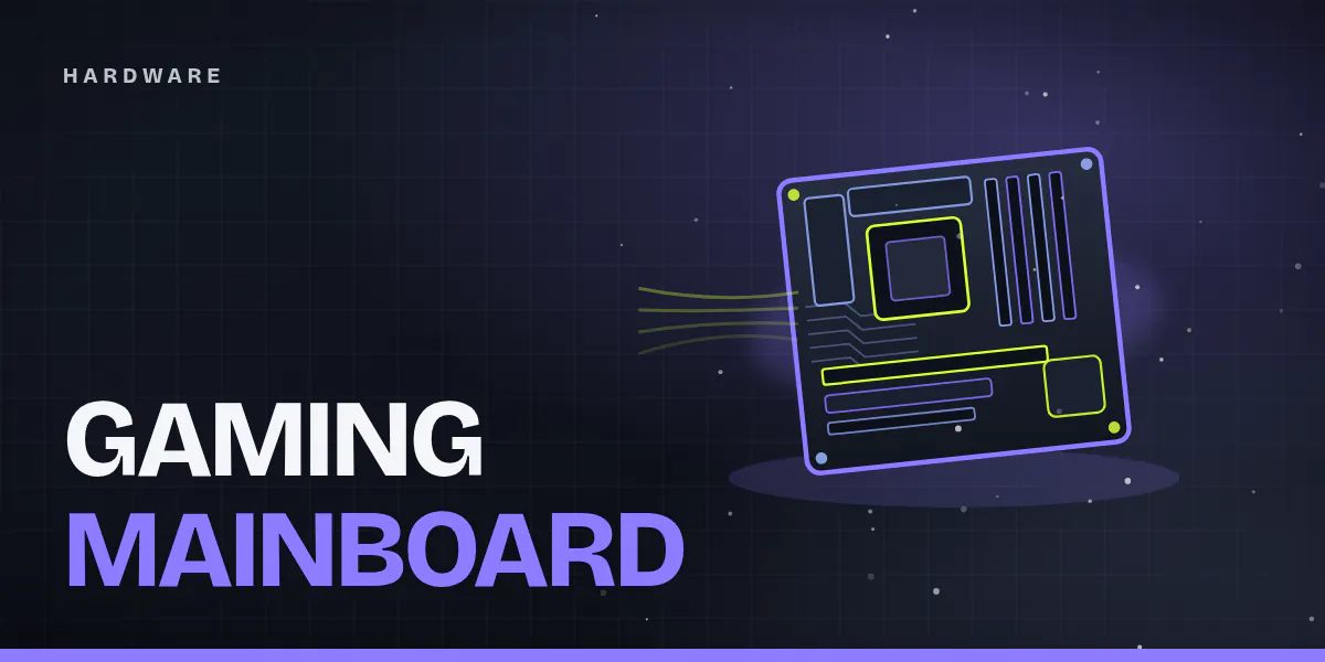 Titelgrafik: stilisiertes Mainboard mit CPU-Sockel, RAM-Slots und violett leuchtendem Rand auf dunklem Esports-Hintergrund