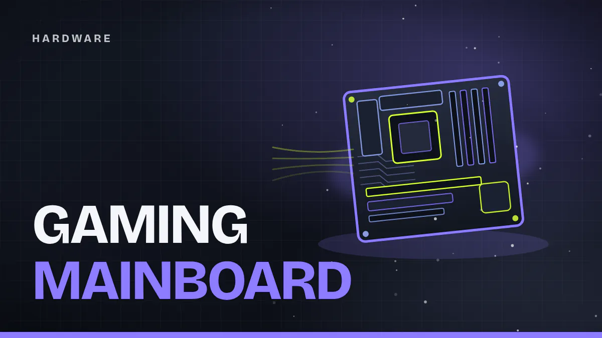 Titelgrafik: stilisiertes Mainboard mit CPU-Sockel, RAM-Slots und violett leuchtendem Rand auf dunklem Esports-Hintergrund
