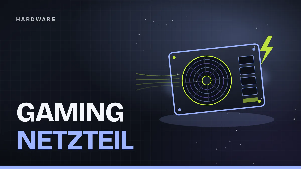 Titelgrafik: stilisiertes PC-Netzteil mit Lüftergitter und blau leuchtendem Rand auf dunklem Esports-Hintergrund