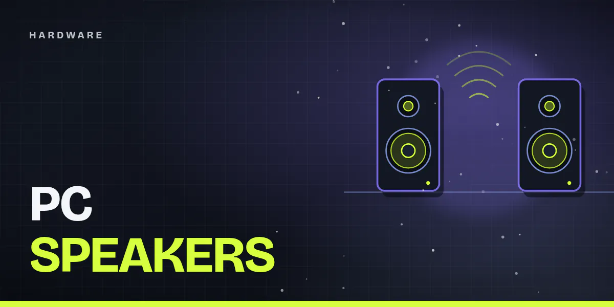Cover image: two stylized desktop speakers with glowing drivers on the edge of a desk, sound waves between them