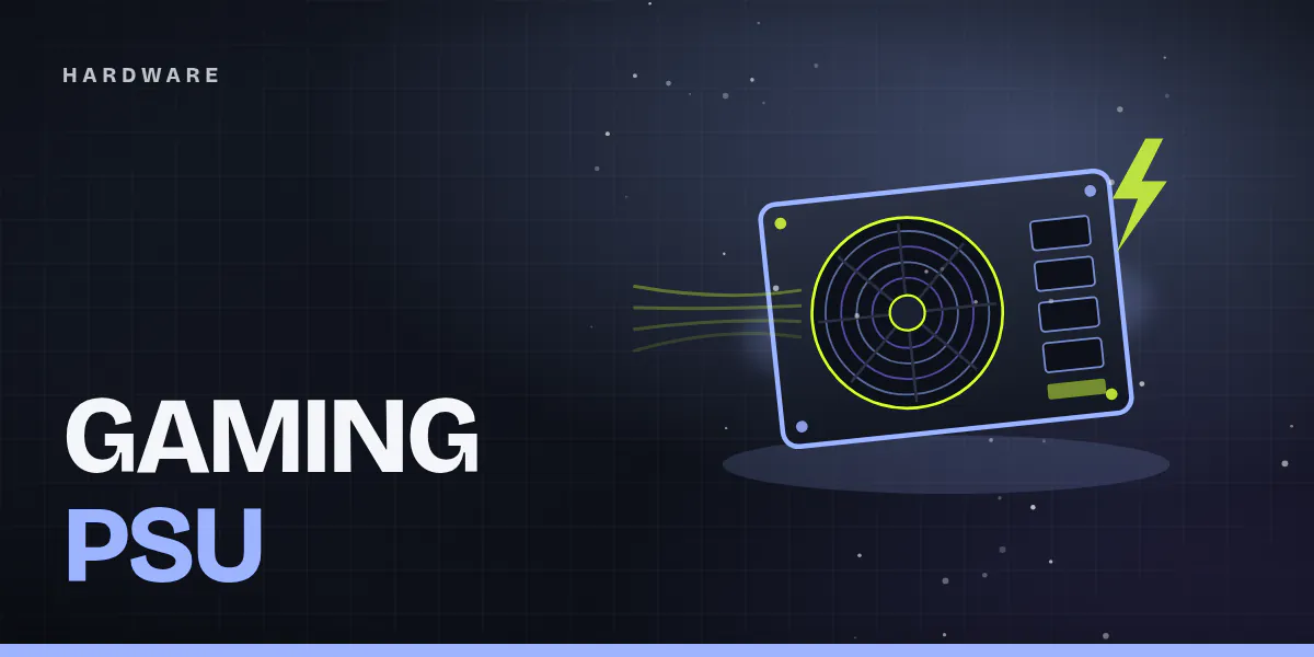 Cover image: stylized PC power supply with a fan grille and a glowing blue outline on a dark esports background