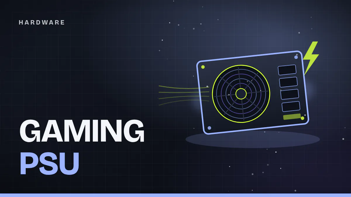 Cover image: stylized PC power supply with a fan grille and a glowing blue outline on a dark esports background