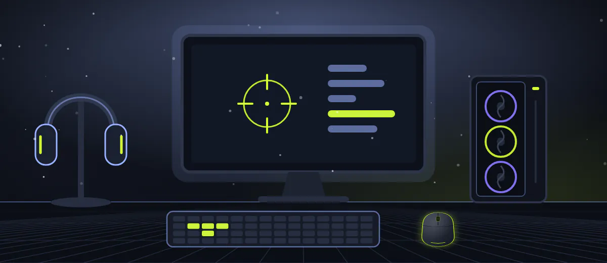 Illustration of a gaming setup: monitor with a crosshair, keyboard, mouse, headset on a stand and a PC case with glowing fans