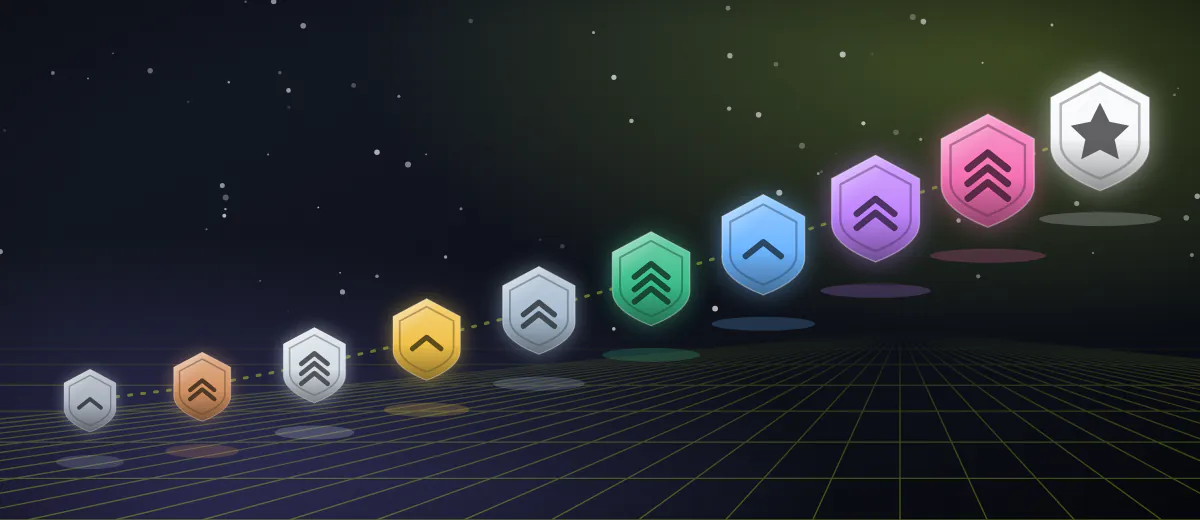 Illustration: a rising row of colored rank badges from grey through bronze, gold and green to a white star badge above a neon grid