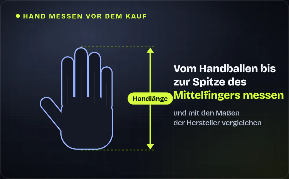 Skizze einer Hand mit Messpfeil: Miss die Handlänge vom Handballen bis zur Spitze des Mittelfingers und vergleiche sie mit den Maßen, die die Hersteller angeben.