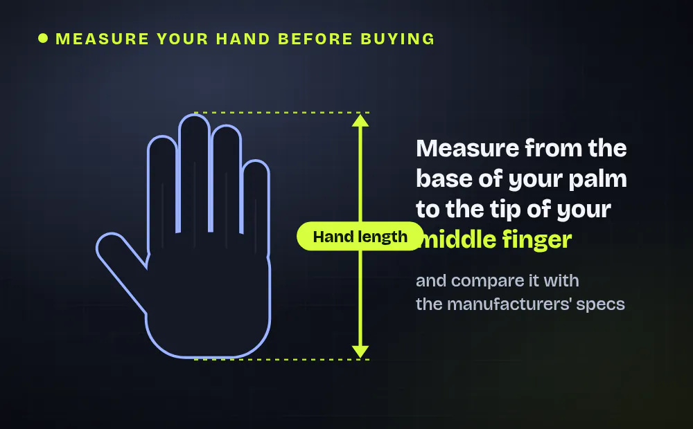 Sketch of a hand with a measuring arrow: measure your hand length from the base of the palm to the tip of your middle finger and compare it with the dimensions the manufacturers list.